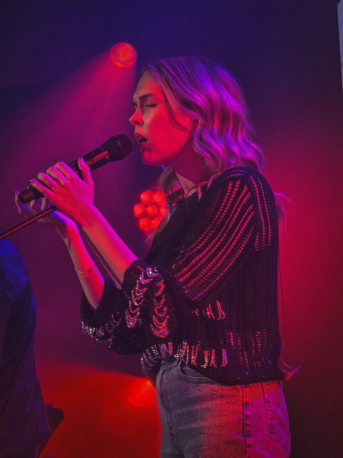 Singer at the microphone bathed in red and purple stage light